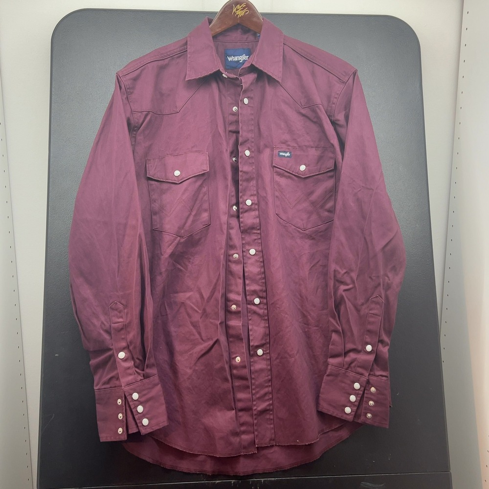 Wrangler Western Shirt Mens Large Burgundy Solid Cotton Pearl Snap Long Sleeve